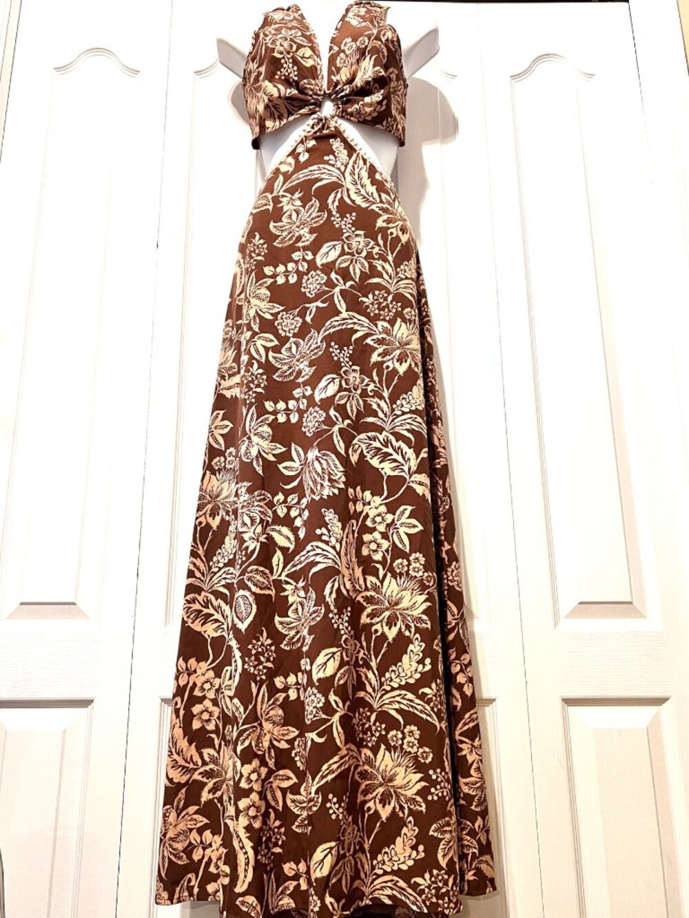 SHEIN Women's Maxi Cut Out Tie Back Sleeveless Dress-Brown/Tan Crochet Trim-Med